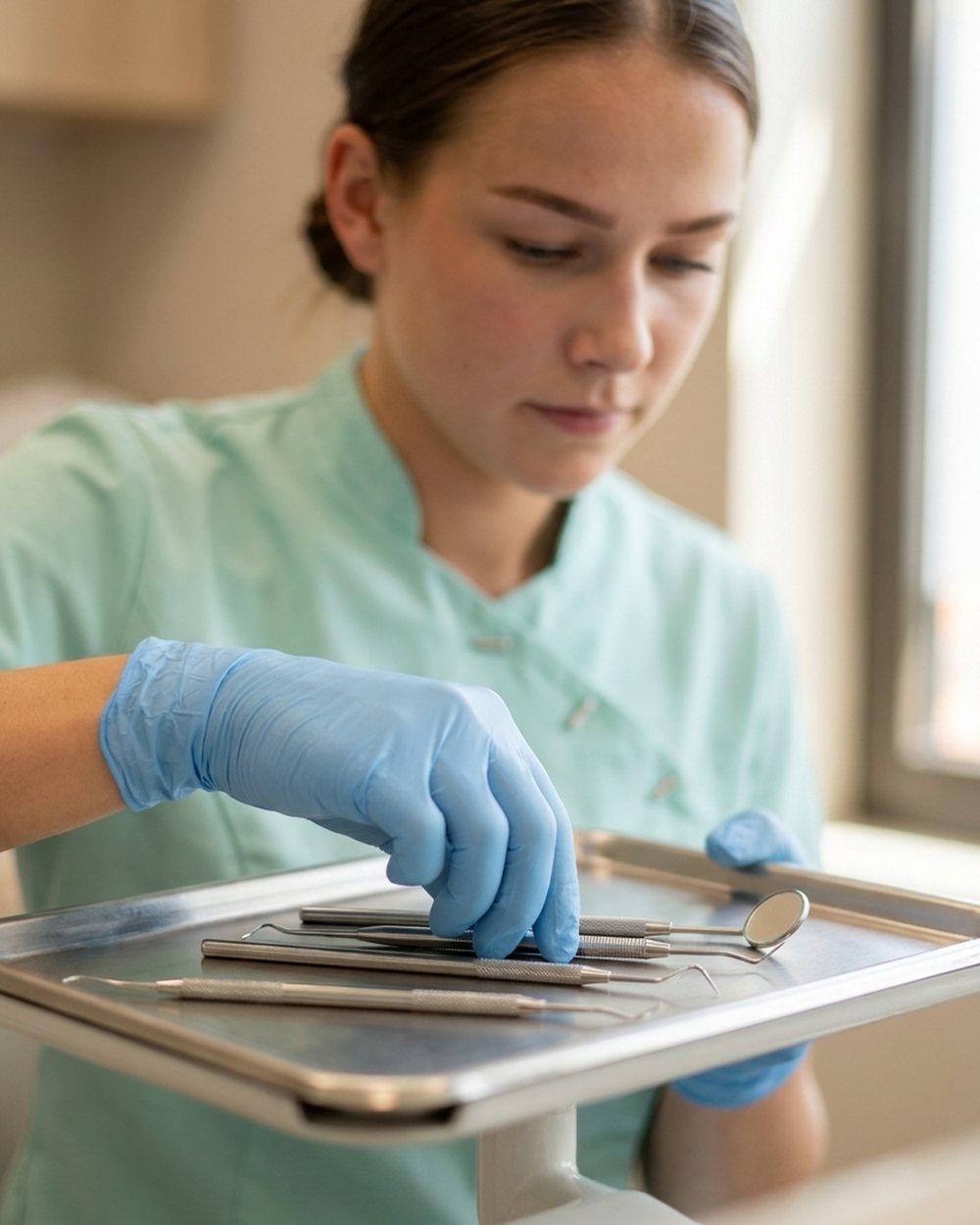 Rosa Laurie legt het instrumentarium klaar in de behandelkamer